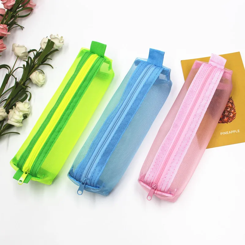 Multifunctional Mesh Pencil Bag Transparent Student Stationary Organizer Cases Kawaii Cute Simple Pen Storage Pounch