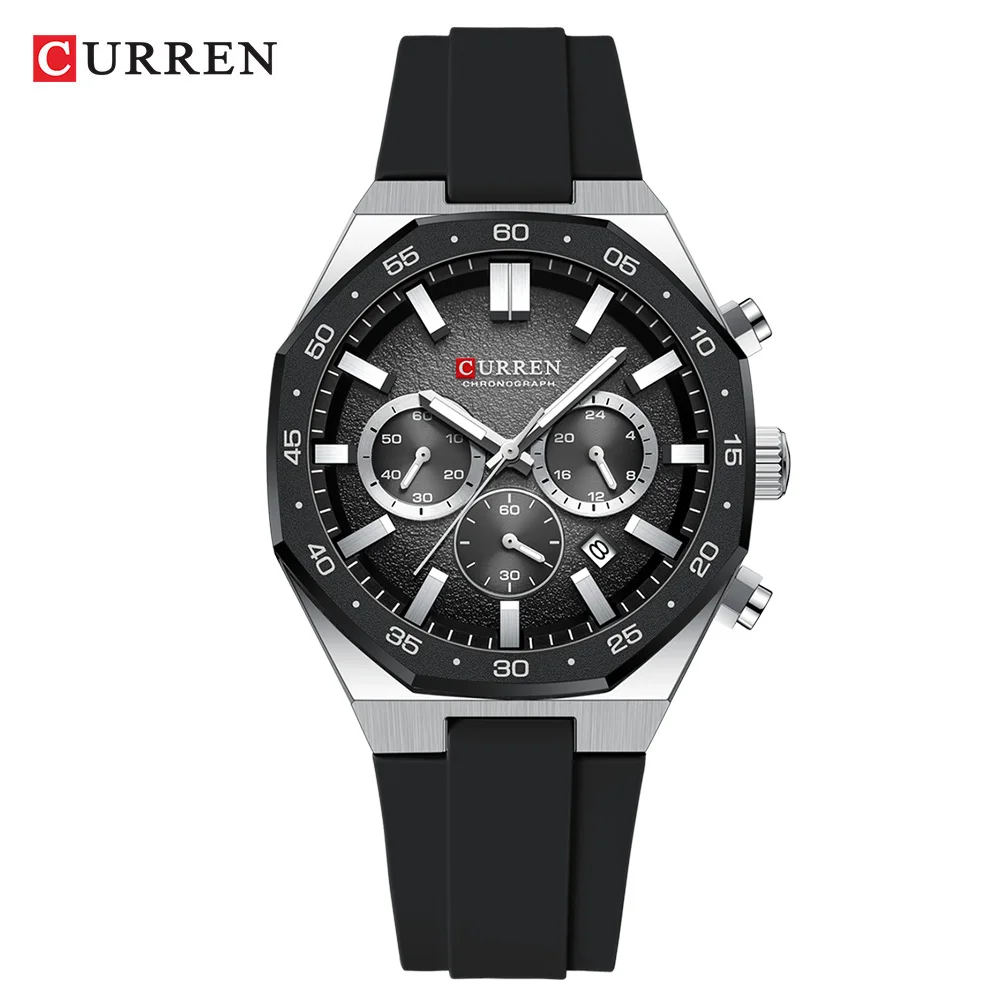 CURREN8489 Men's Sports Chronograph Wristwatch with Black Silicone Band Auto Date Luminous Hands 82g Light Quartz Watch for Men