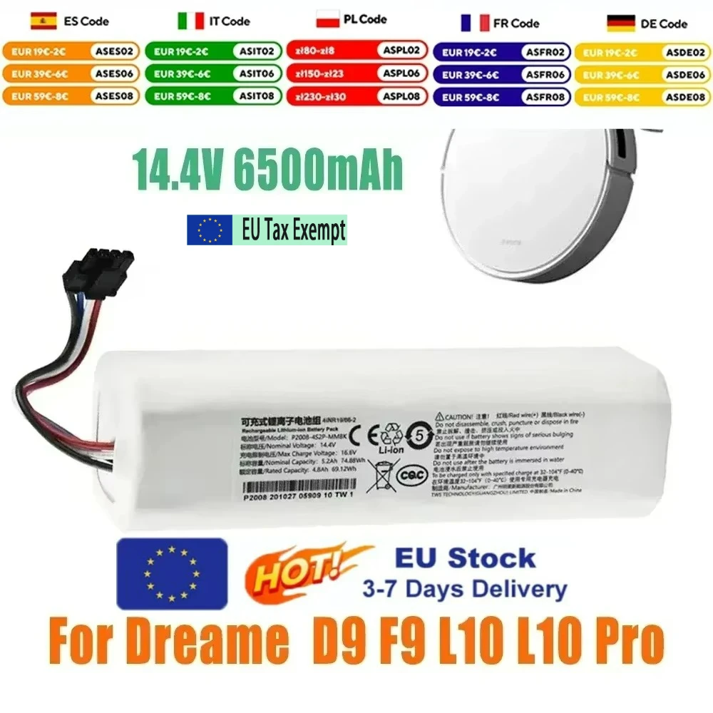 100% Original-Akku für Dreame Roboter-Staubsauger D9 F9 L10 L10 Pro 6500mAh Lithium-Ionen-Akku 4INR19/66-2