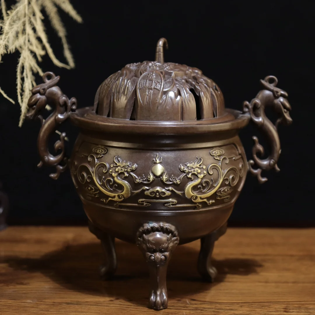 

Double Dragon Three-Legged Pi Xiu Incense Burner - Pure Copper Decorative Piece for Living Room, Office Gift and Home Décor