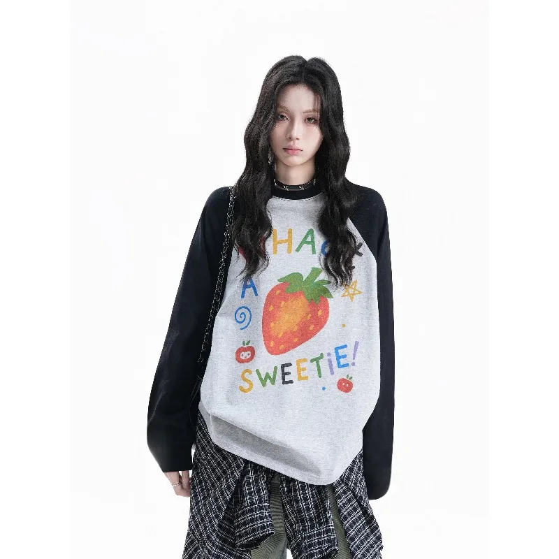 

New Retro Fun Fruit 3D Printed Long Sleeved T-shirt for Women's Autumn Versatile Breathable Quick Drying Top Trendy