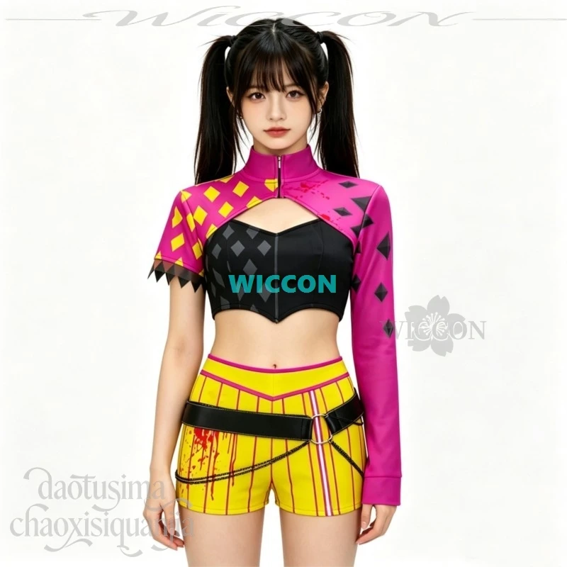 Mina Cosplay Anime Game DBD Kostüm Punk Mode Y2K Kampfanzug Mantel Shorts Gürtel Handschuhe Lila Perücken Halloween Weihnachtsfeier