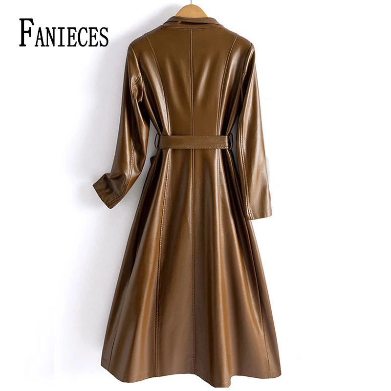 FANIECES Winter Imitation Sheepskin Long Trench Coat For Women Fashion Double-breasted Stand Collar PU Leather Jacket 가죽자켓 пальт