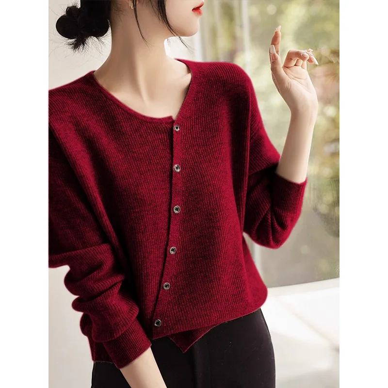 Women Irregular Hem Knit Cardigan V Neck Single Breasted Loose Long Sleeve Casual Outerwear Sweater