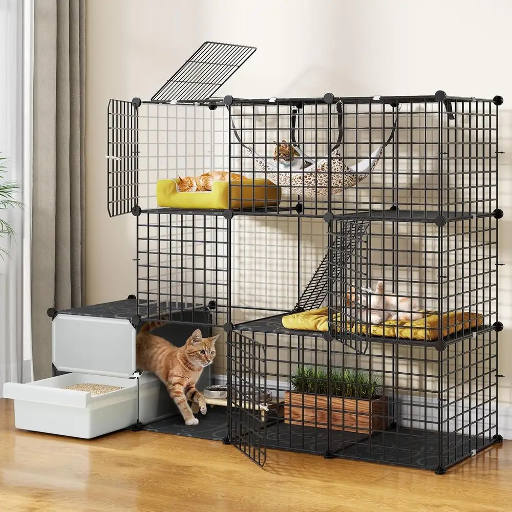 

Multi-Level Black Cat Enclosure for Kittens or Small Cats with Litter Box
