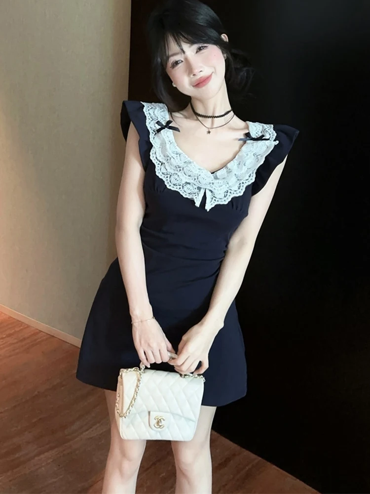 2025 Zwart Patchwork Kant Boog Slash Hals Sexy Mini Jurk Vrouwen Vintage Bodycon Hip Wrap Jurk Zomer Koreaanse Elegante Feestjurk