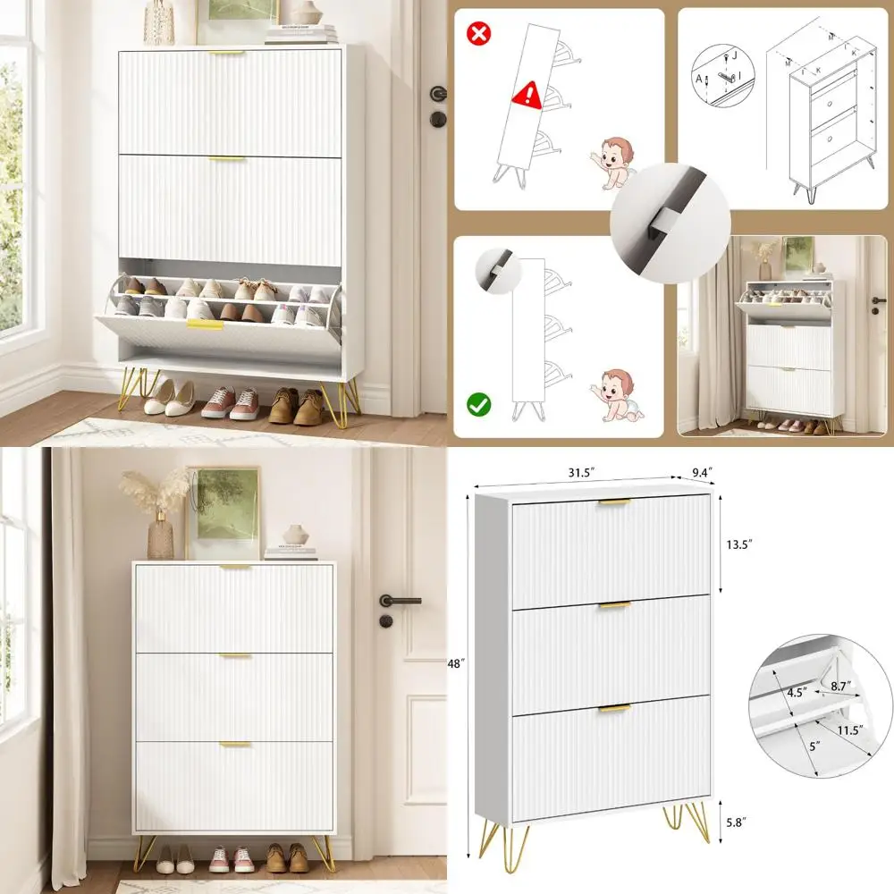 Slim Shoe Cabinet with 3 Flip Drawers, Fluted Shoe Cabinet Storage for Entryway, Narrow Shoe Storage Cabinet, Modern Freestandin