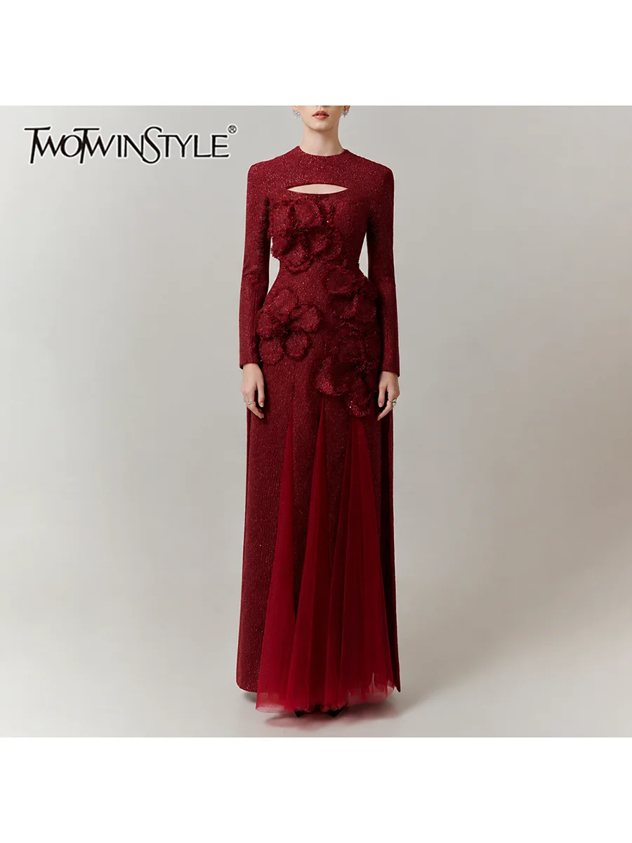 TWOTWINSTYLE 3D Flower Spliced Sequin Slimming Maxi Dress for Women Round Collar Long Sleeve Patchwork Zipper Dresses Female New