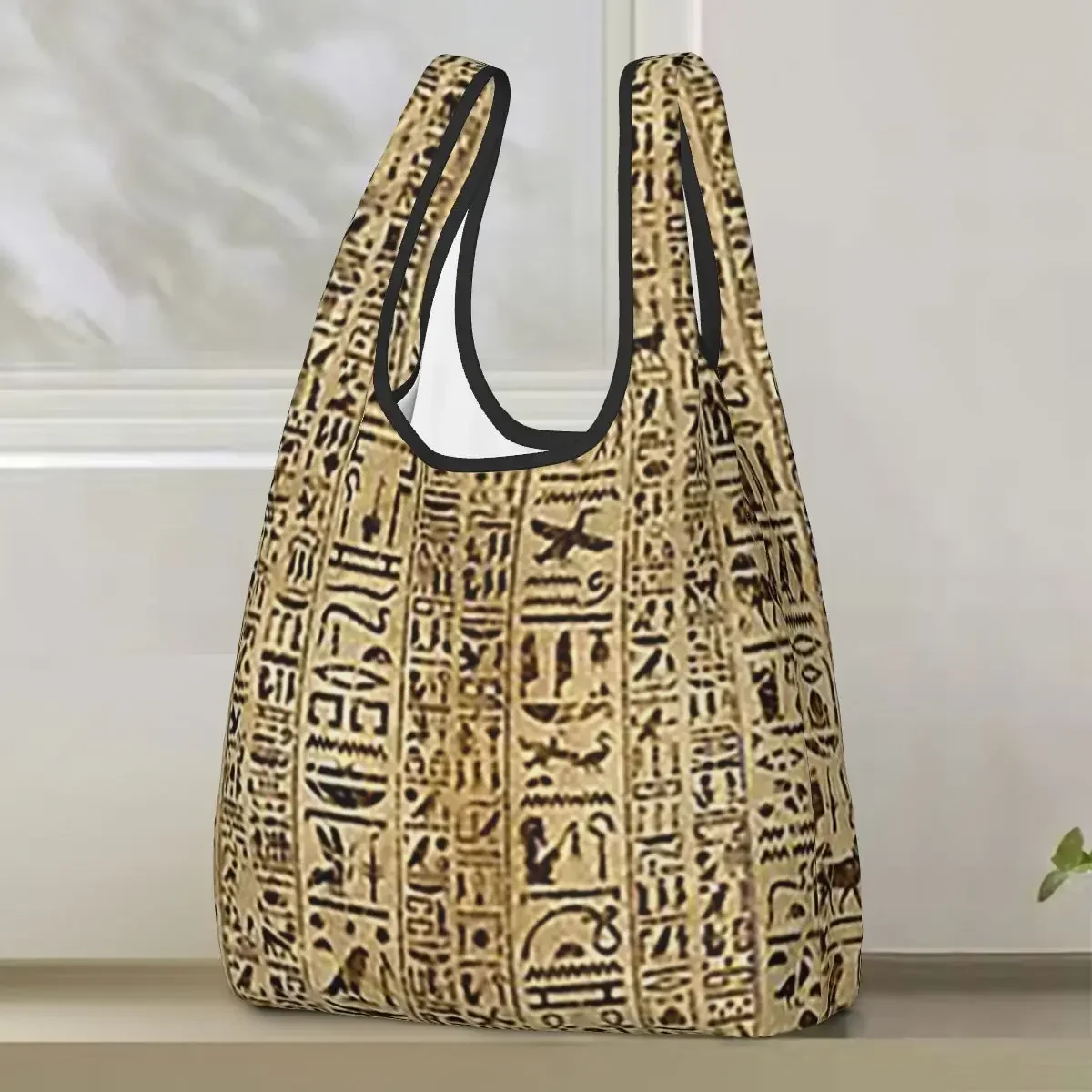 Egyptian Hieroglyphs On Papyrus Shopping Bag Portable Tote Bags Reusable Shoulder Shopper Bag Grocery Handbag