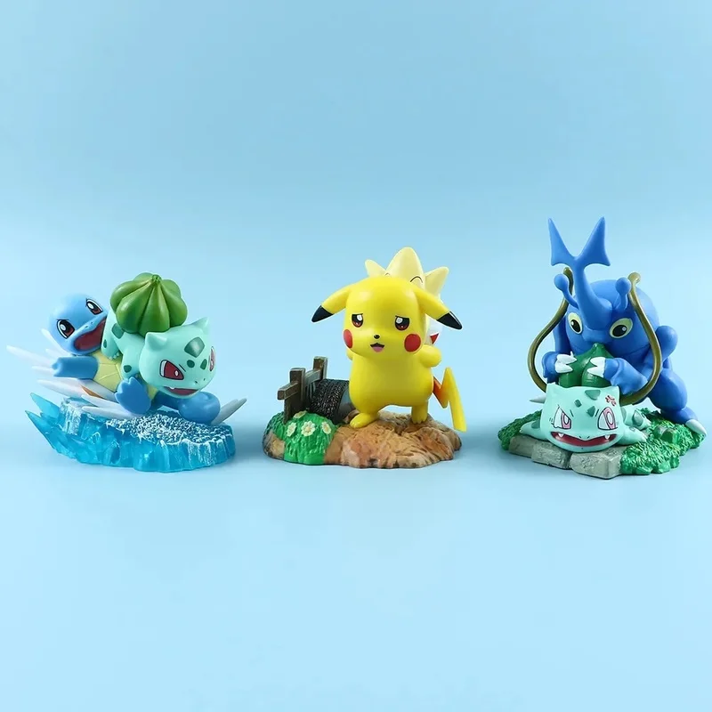 8-10cm 3 szt. Figurki Anime Pokemon Pikachu Squirtle Bulbasaur Dekoracja Biurka Model Ozdoba Samochodowa Prezent Kolekcjonerski