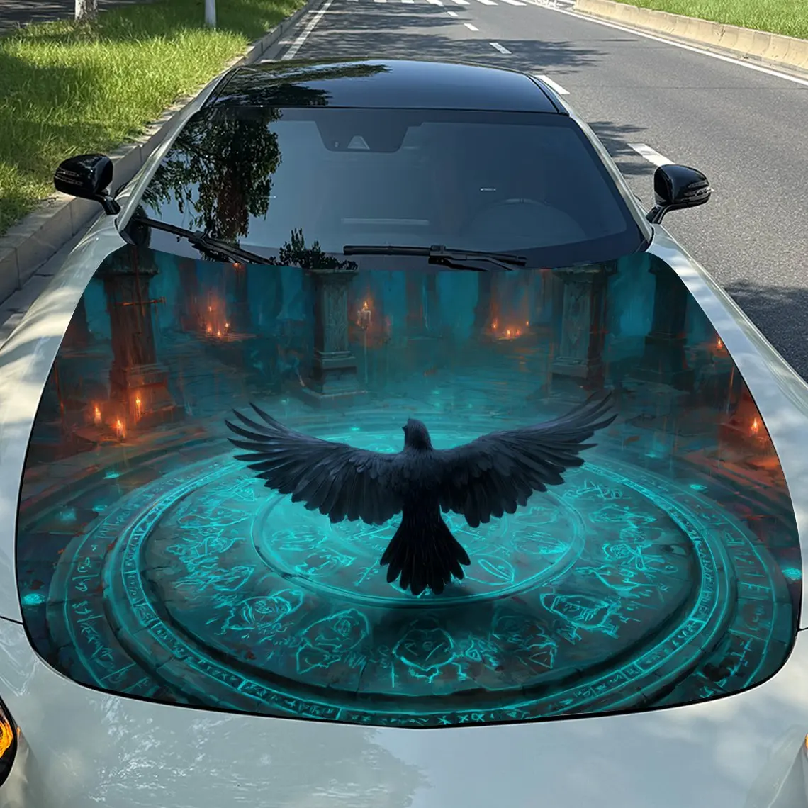 

Black Raven Runes Gloomy Blue Array Car Vinyl Wrap, PVC Material Waterproof Car Hood Sticker, Self-Adhesive Scratch-Resistant St