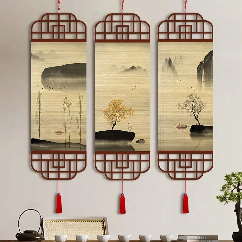 Zen Dry Landscape Bamboo Scroll Hanging Painting for Tea Room Study courtyard Living Wall Art Room Decor Aesthetic