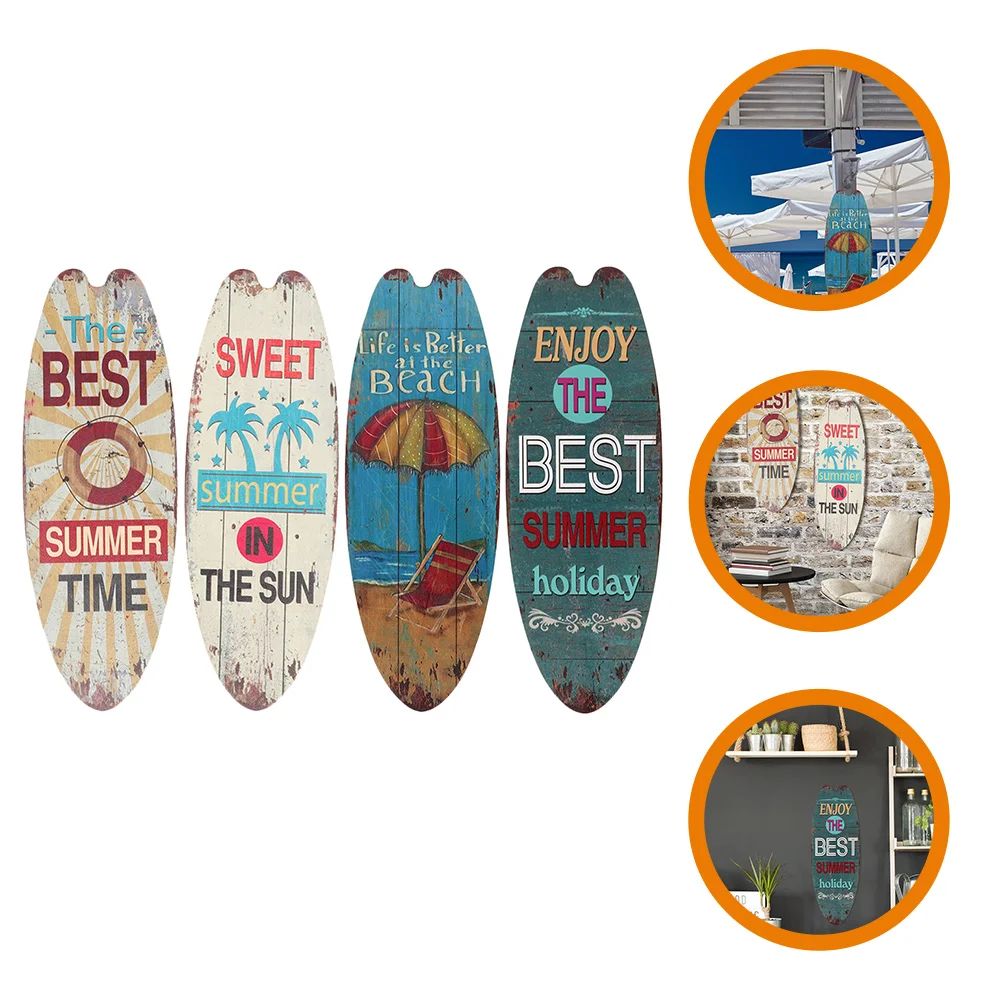 

4 Pcs Surfboard Wooden Sign Home Wall Signs Hanging Plaque Outdoor Ocean Decorations Boards for Decorating Indoor Letter