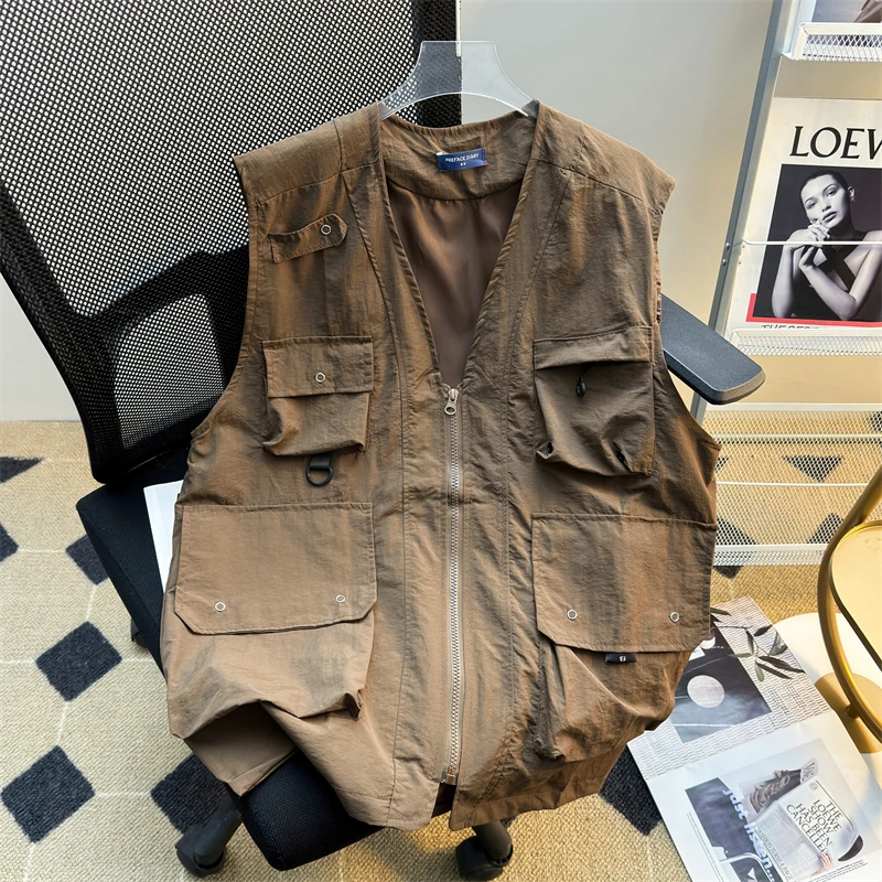 

Retro Japanese Functional Tactical Vest Jaet Men's Spring Summer Outdoor Layering Casual Loose V-ne oulder Pad Vest