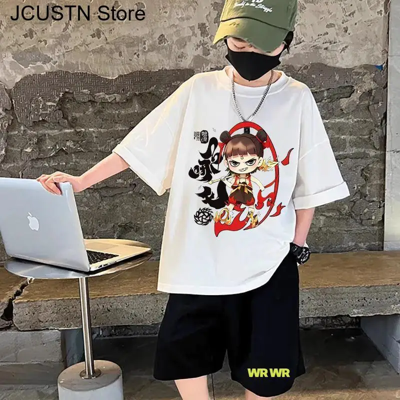 New Nezha 2 Cosplay Child Short Sleeve T-Shirt Boys Girls Cotton Top&shorts Suit 2Pcs Ne Zha Anime Print T Shirt Funny Kids Tees