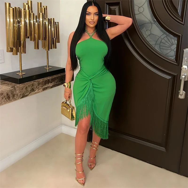 

Women 2025 Summer Backless Halter Irregular Tassel Sexy Midi Party Dress Lace Up Sleeveless Solid Night Club Dress Ladies White