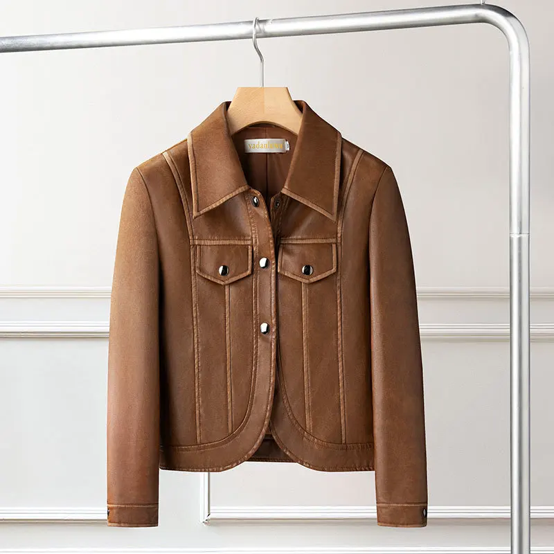 Vestes courtes marron en cuir PU pour femmes, manteaux noirs avec col rabattu et poches, printemps-automne 2025