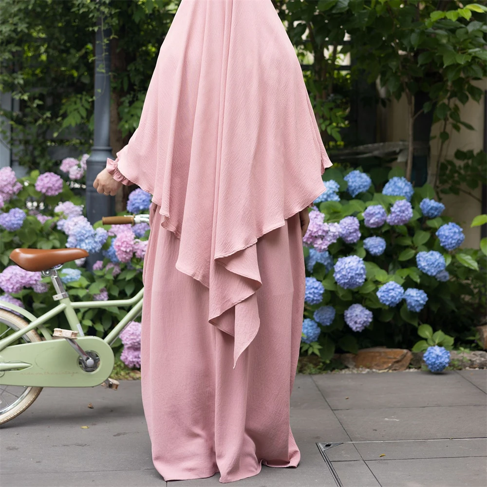 2pcs Abaya Muslim Women Overhead Hijab Maxi Dress Sets Prayer Garment Khimar Dubai Islamic Arab Robe Eid Ramadan Burqa Clothing