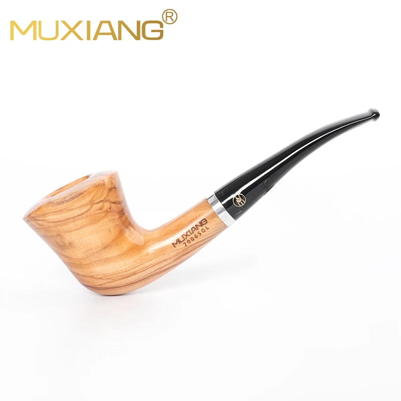 MUXIANG Curved Handle Olive Wood Tobacco Pipe 9mm Channel Tulip Shape Pipe Acrylic Mouth Original Wood Color Smoking Pipe