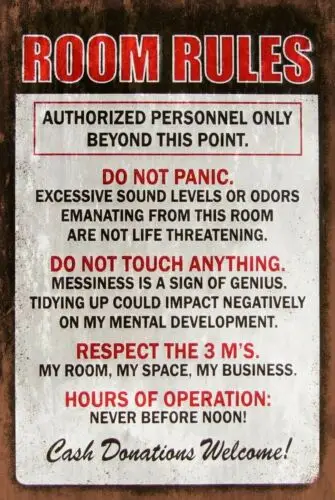 Rules Funny Warning Aged Look Vintage Retro Style Metal Sign, Teenager Mancave sign