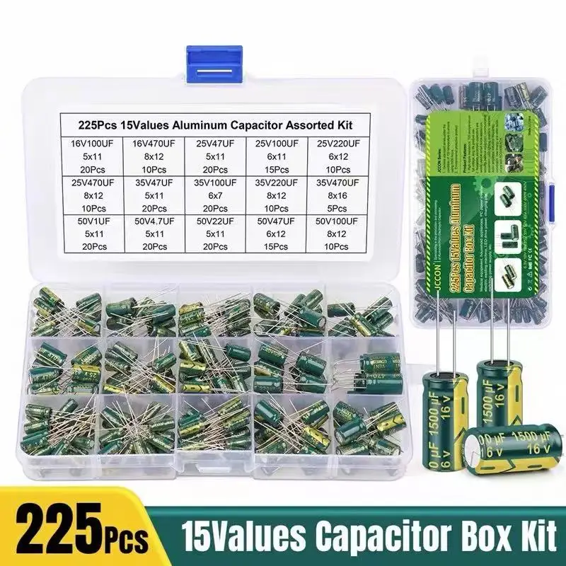 

225pcs Radial Lead Aluminum Electrolytic Capacitors Kit, 15 Common Values High-Frequency Assortment for Electronics Projects