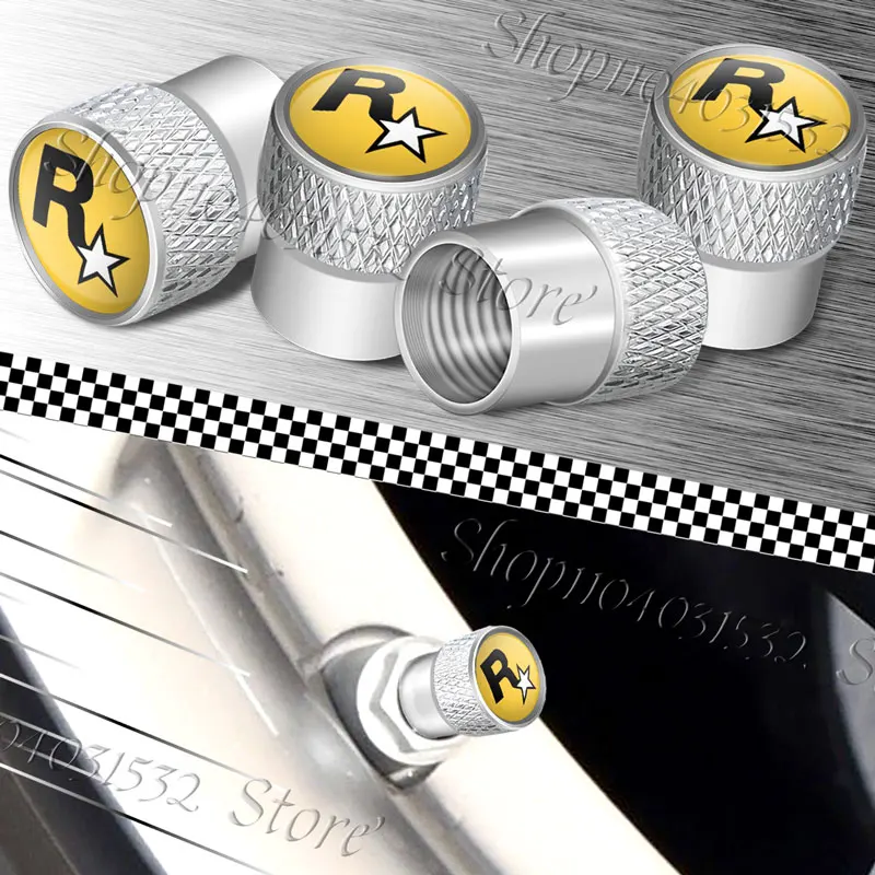 4 قطعة سبائك معدنية عالمية R ستار شعار Rockstar الألعاب الجمالية شعار سيارة عجلة الإطارات صمام الإطارات غطاء الهواء الملحقات
