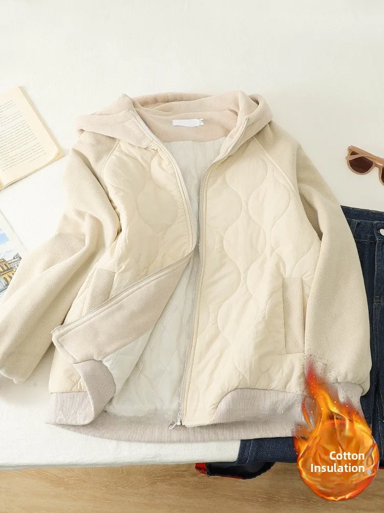 

Thiened Hooded Sweatirt Jaet Women's Winter Casual Du down Cotton Coat Retro Sle Zipper Closure Long Sve Regular...