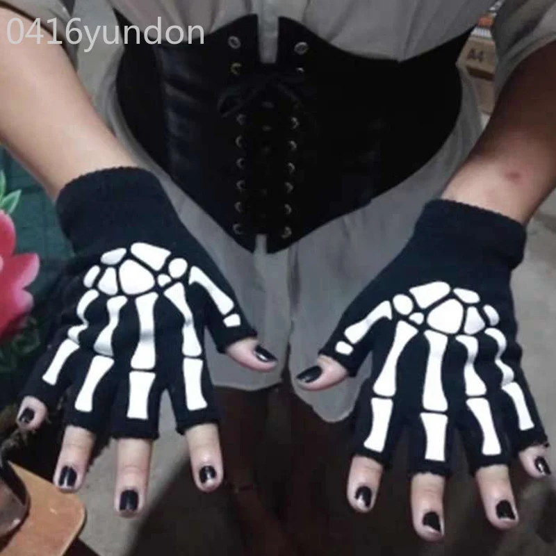 New Adult Cosplay Halloween Skeleton Skull Half Finger Punk Gloves Glow in the Dark Fingerless Stretch Knitted Winter Mittens