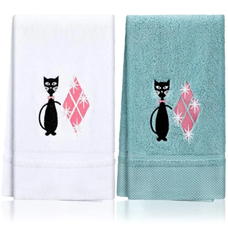 

2 шт. современные черные кухонные полотенца середины века в стиле ретро, полотенца для посуды с котом, хлопковая вышивка, впитывающая для кухни, декора для ванной комнаты