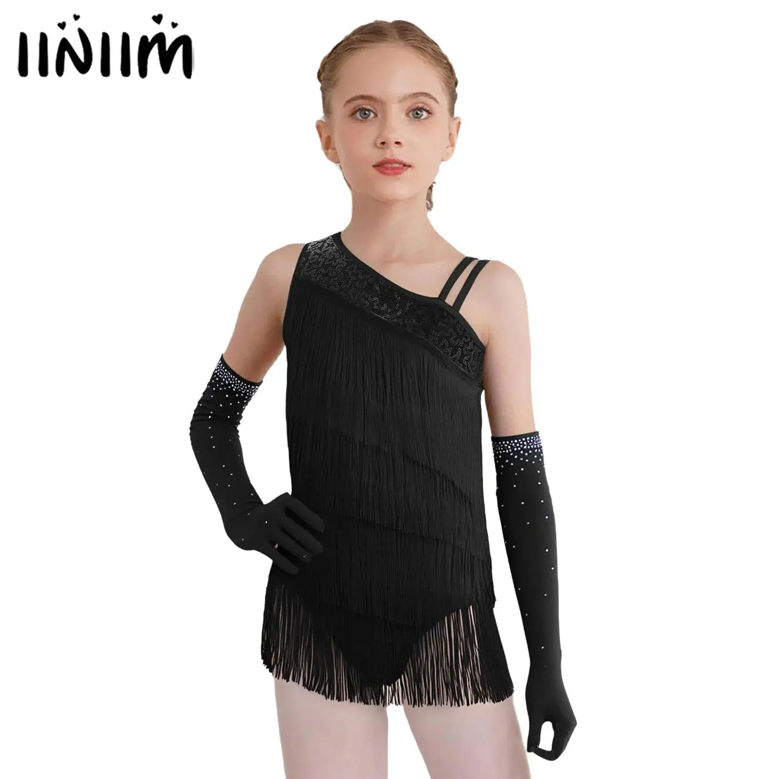 

Kids Girls Ballroom Salsa Latin Leotards Outfits Modern Contemporary Dance Performance Costume Tiered Tassels Leotards Bodysuit