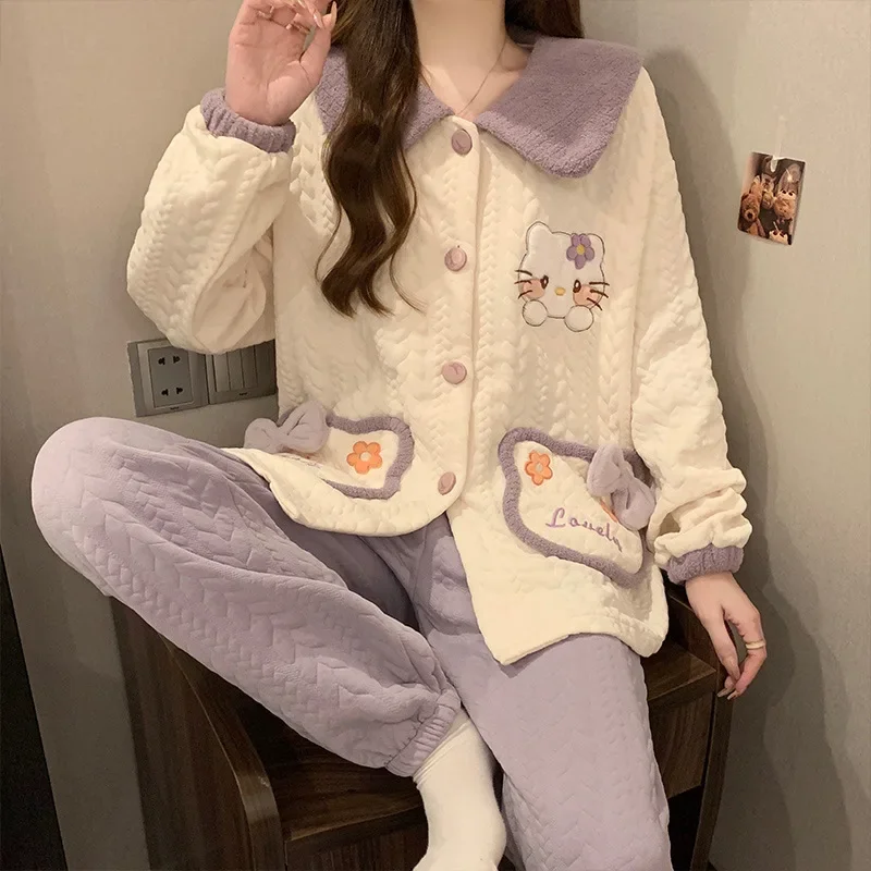 

Cute Sanrio Hello Kitty Anime Ladies Pajamas Winter Thickened Warm Long-sleeved Cardigan Suit Kawaii Leisure Can Go Out Homewear