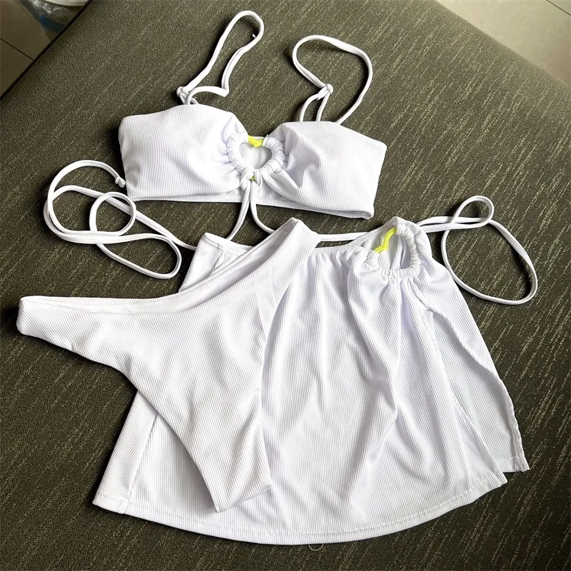 Maiô biquíni monocromático de 3 peças feminino, top, roupa íntima, curto, mini vestido de baile, festa de verão, praia, saia de férias, gostosa