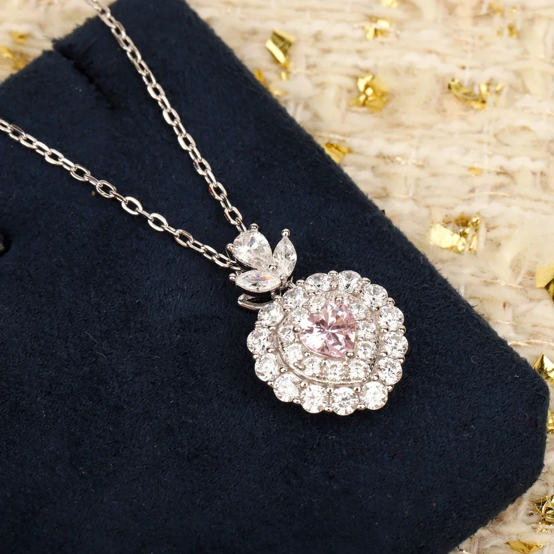 

Top Quality Fine Jewelry 925 Silver Pink Heart Crystal Pendant Necklace Woman Exquisite Gifts Trend