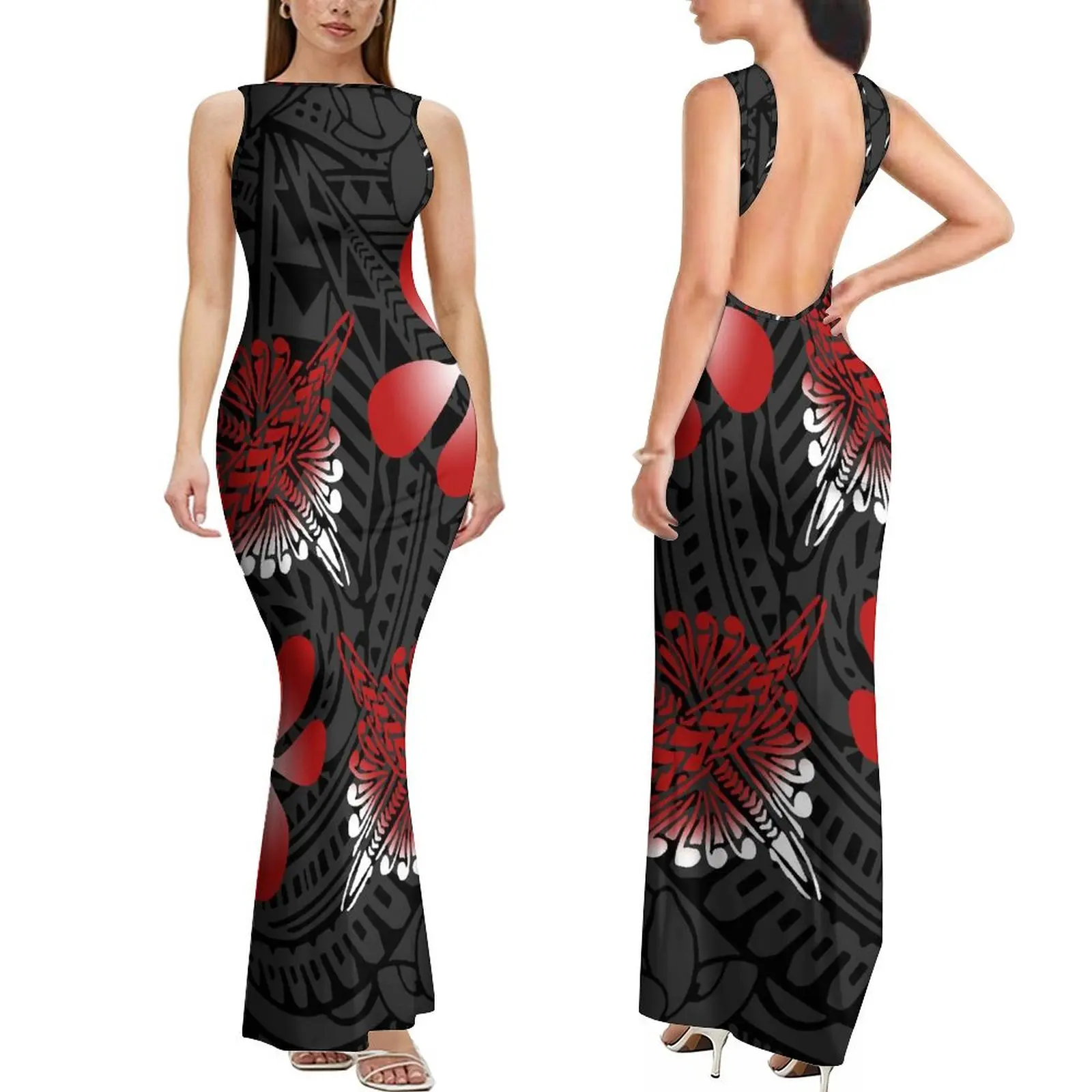 High Quality Custom Sleeveless Backless Ladies Dresses Elei Tribal Print Womens Sexy Bodycon Long Maxi Dress Samoan Prom Dress