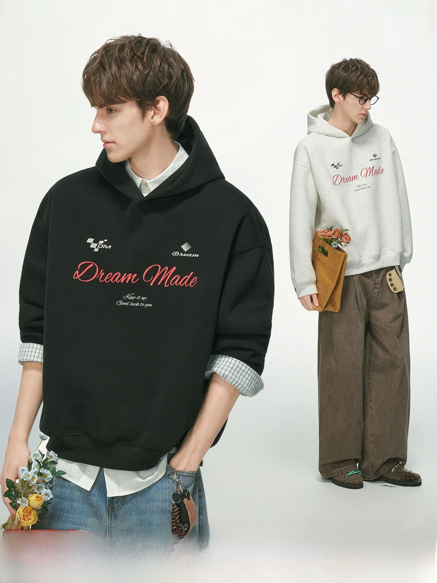 Dream Made American Style Color Block Printed Hoodie Jacket Men's Autumn Heavy Commute Couple's Sweatshirt Casual Loose Fit