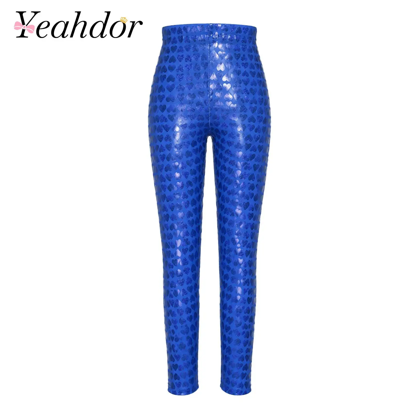 Kids Boy Girls Metallic Heart Print Leggings Disco Outfit Children's Shiny Skinny Pants for Hip Hop Jazz Dance Stage Performance