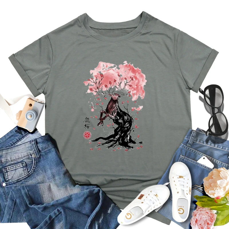 Sakura Deer Print Woman Crew Neck Short Sleeve T-shirt Cute Sakura Tree Girls Clothing Pink Cherry Blossoms Lover Classic Tshirt