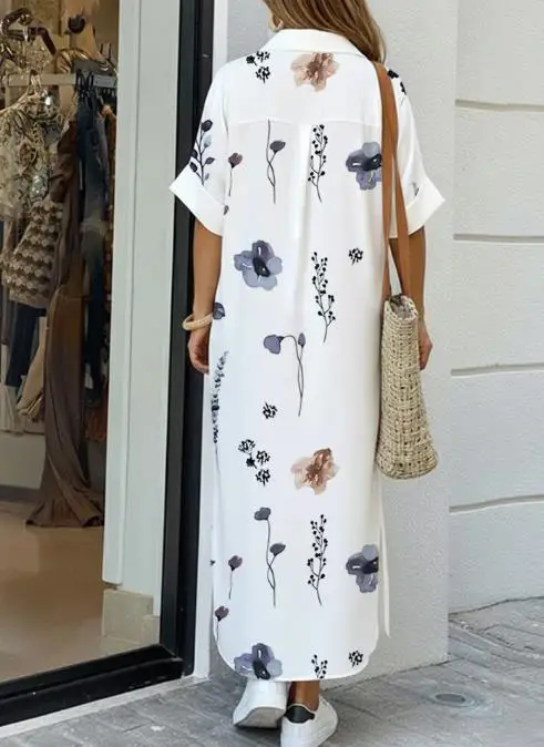 ゆったりとした女性の夏の花柄プリントの襟付き、金属ボタン付き、カジュアルな半袖ストレートチューブゆったりとしたドレス、日常使用に適しています。
