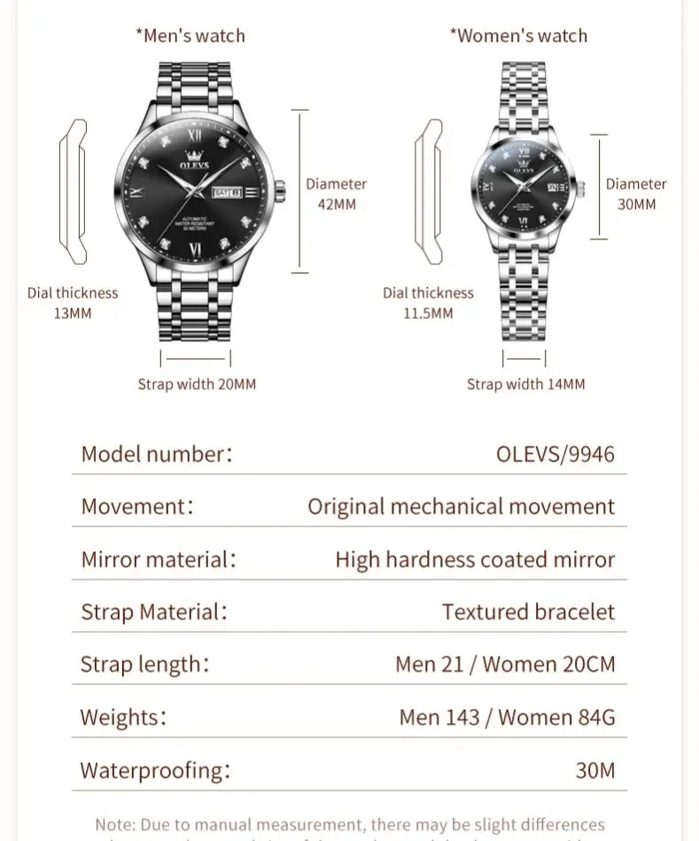 OLEVS 9946 Couple Watches for Men Women Waterproof Calendar Classic Simple Business Original Automatic Mechanical Wristwatch Set