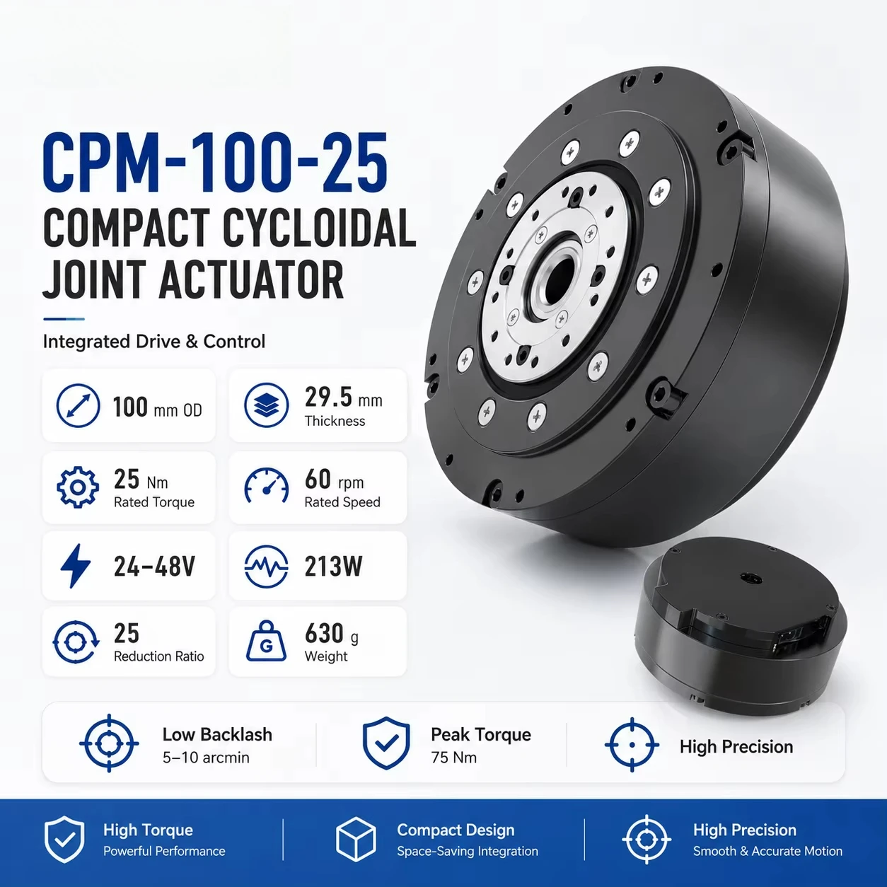 Cycloidal robot joint BLDC motor 24V48V 25Nm low noise and high torque lightweight flat gear drive for humanoid robot