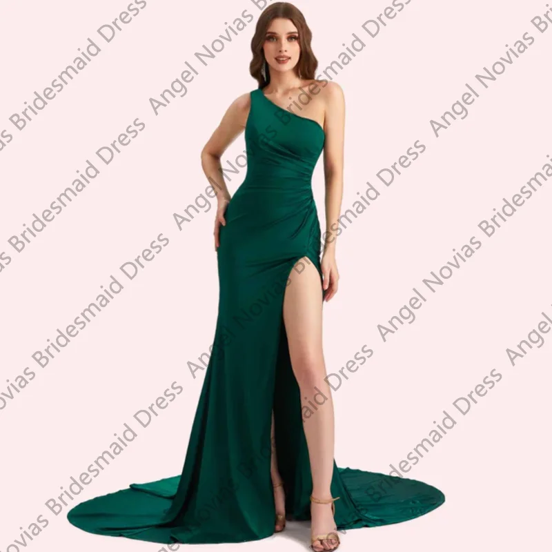 

Long Green Mermaid Bridesmaid Dresses with Slit One Shoulder Customized Wedding Party Dresses Vestidos Casamento Madrinha
