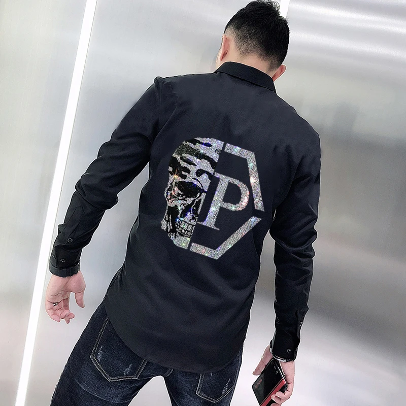 Fashion New Loose Hip-Hop Hot Style Men's Shirt Skull With Diamonds Shiny Personality Casual Bottoming High Quality Long Sleeves