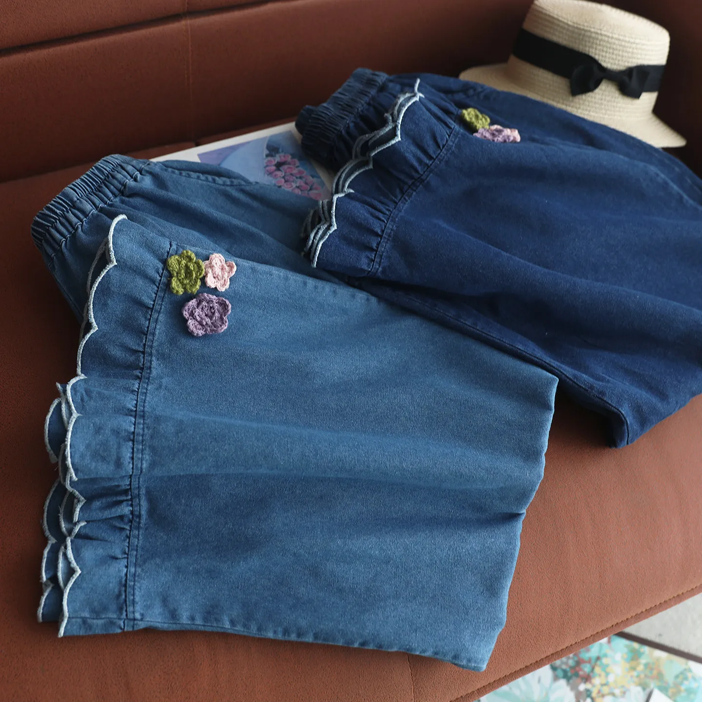 Japanese Sweet Mori Girl Flower Appliques Denim Wide Leg Pants Women Spring Summer Elastic Waist Casual Loose Straight Jeans