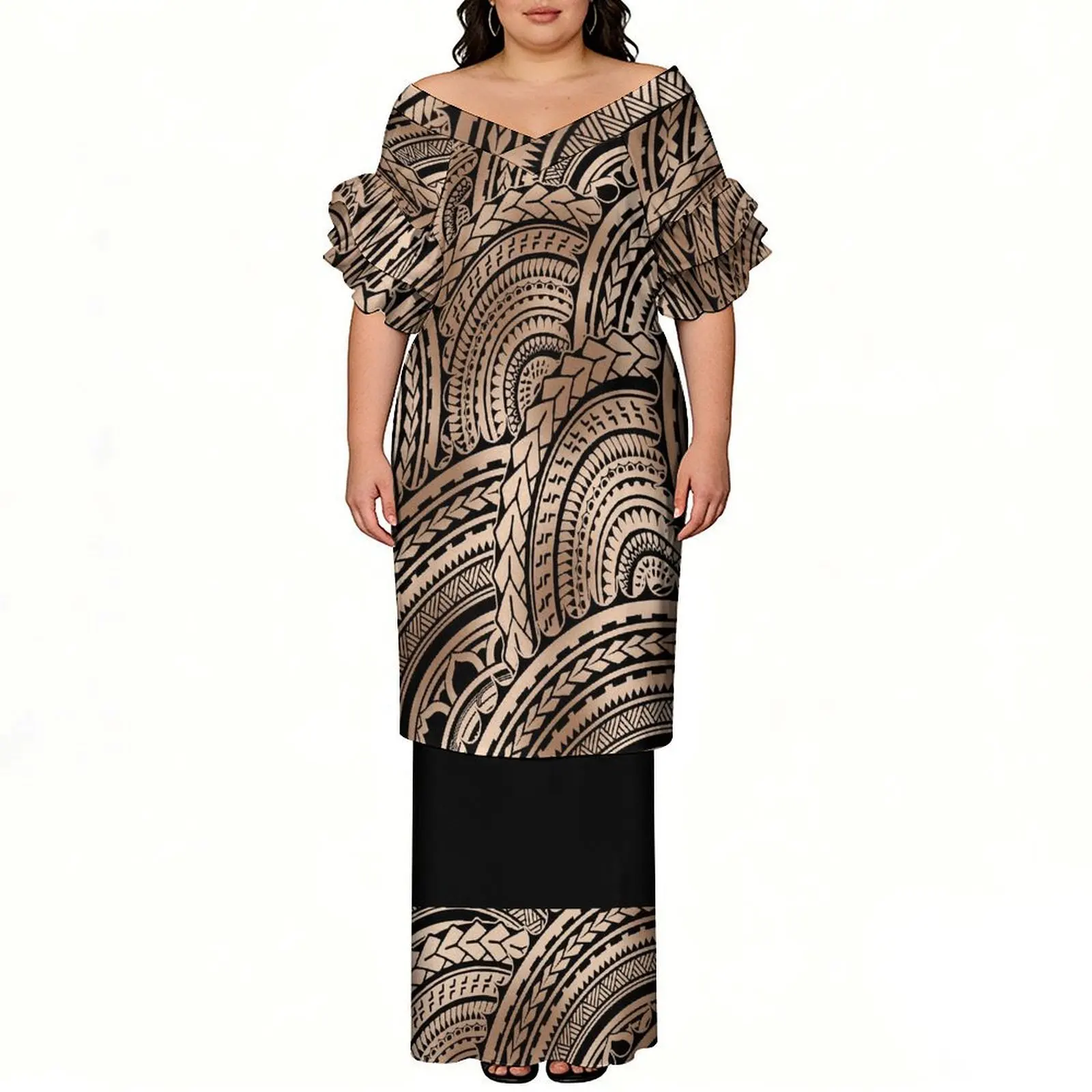 Soft Fabric Short-Sleeved Tops And Long Dresses Polynesia Lotus Sleeves Two-Piece Floor-Length Dress 3d Printed Pattern Puletasi