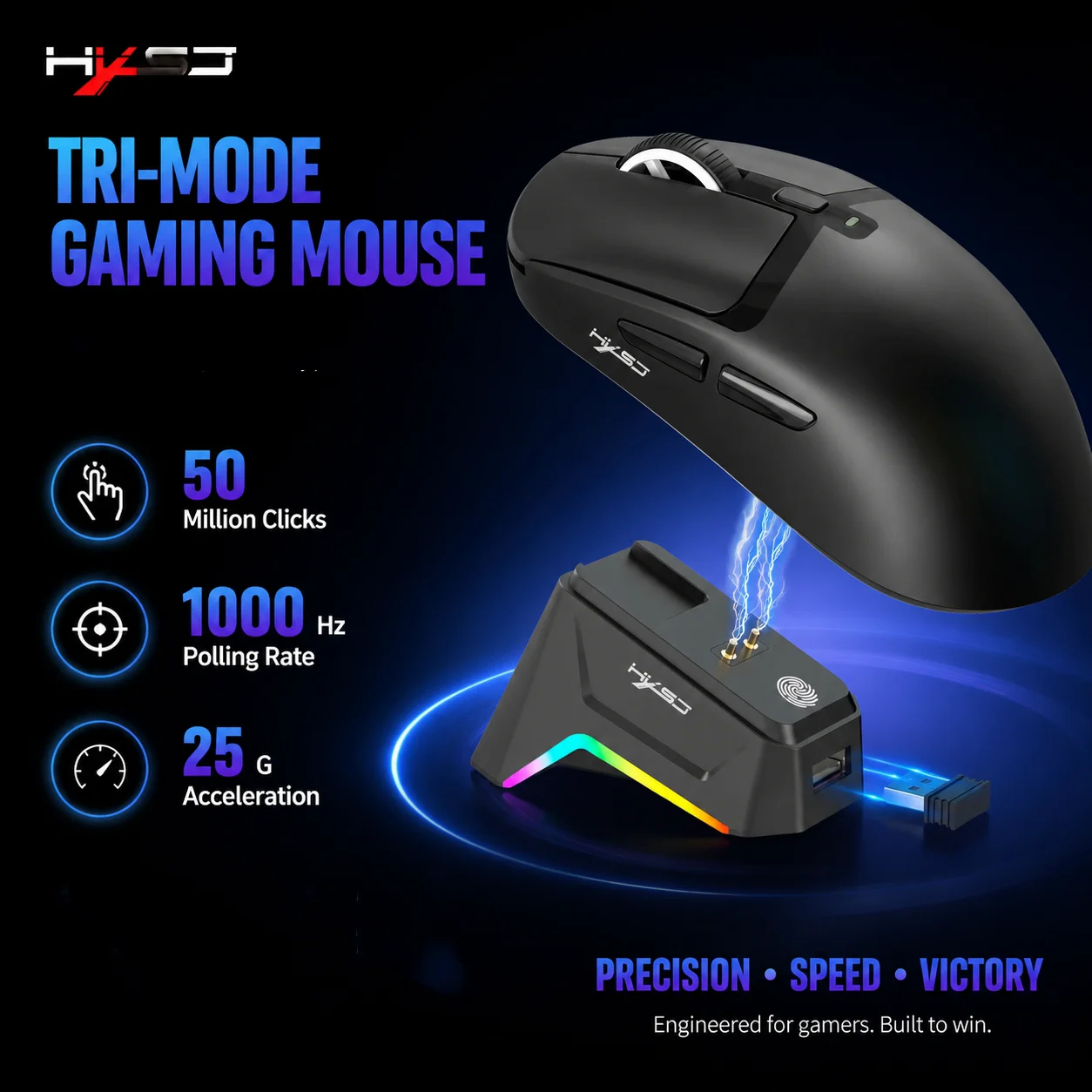 T10PRO 3‑Mode Gaming Mouse 58g Ultra‑light 12000DPI HUYU 50M Click Wireless Mouse With RGB Charging Dock For Laptop PC Gamer view 5