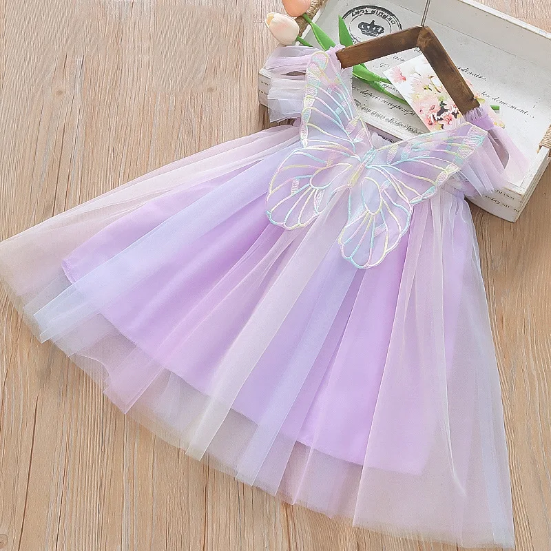 Vestidos casuais para meninas, vestido de gaze arco-íris, saia de malha com asa vertical e halter, roupas infantis, vestido de princesa para meninas