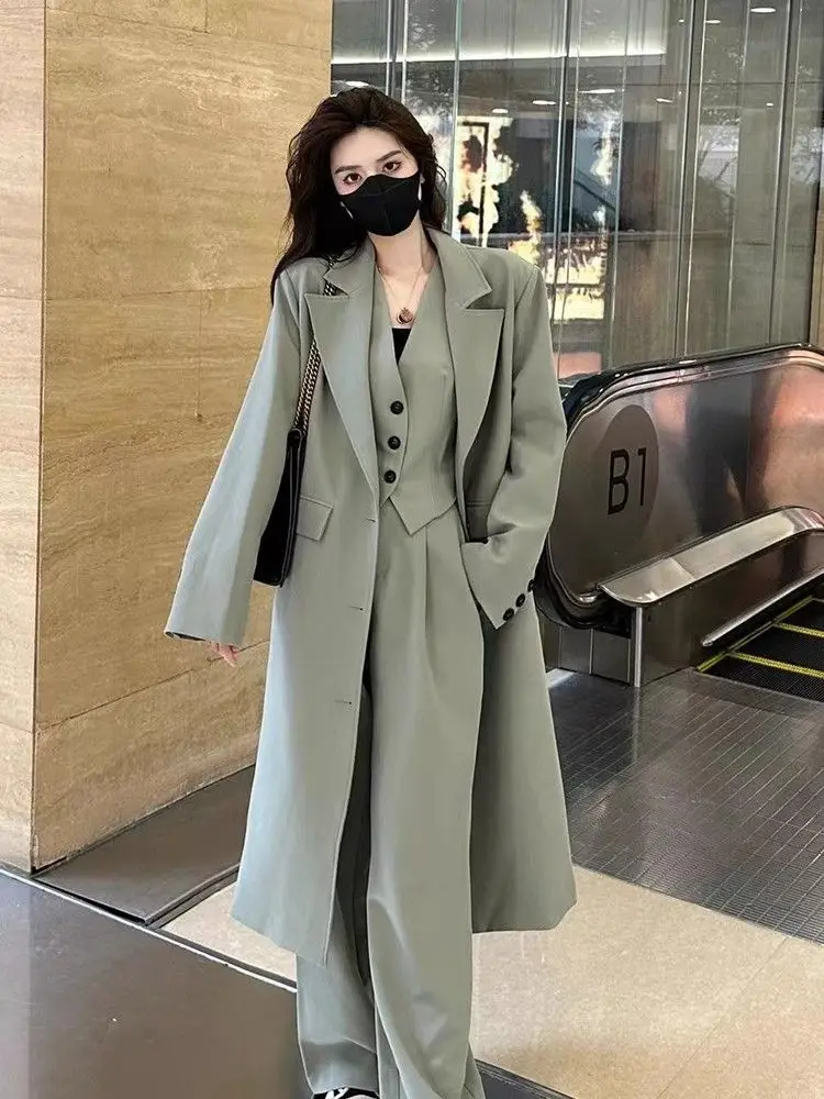 2-A5 Loose high-end suit for women in autumn big-name solid color single-breasted ide-leg pants three-piece set women\'s coat wi