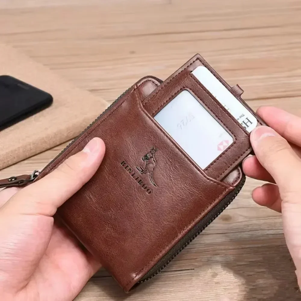 

Men's Leather RFID Wallet, Zippered Business Card Holder with Coin Pocket, Premium Multi-Function Purse