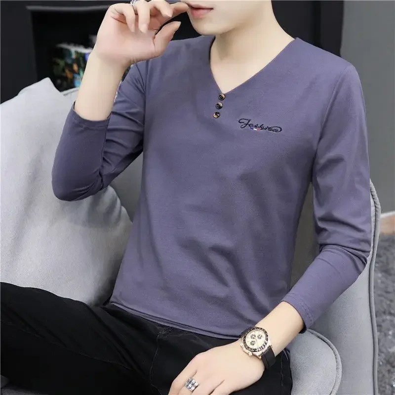 Plain Slim Fit T Shirt for Men Unicolor Sweatshirts V Neck Man Pullovers Tight Xl Streetwear Tee Y2k Clothes Fashion Trends 2024