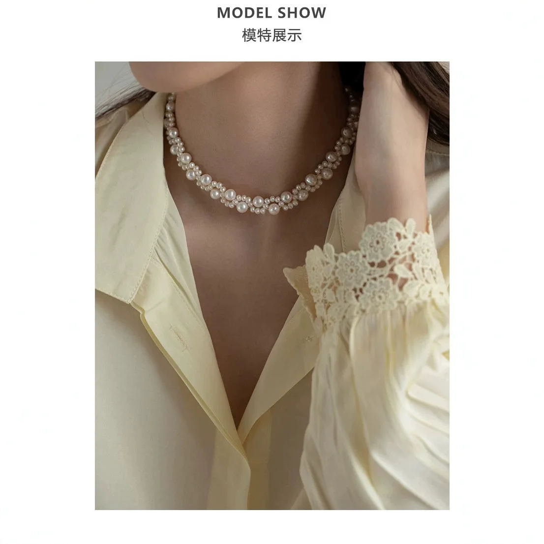 اليدوية لؤلؤ بحر الجنوب 925 الفضة زنبق قلادة الترقوة سلسلة خمر مزدوجة الطبقات شكل الأرز فتاة جميلة